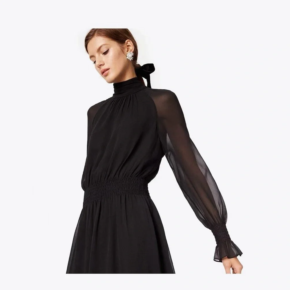 NWT Tory Burch Colette Black Silk Chiffon Sheer Long Sleeve Midi Dress
